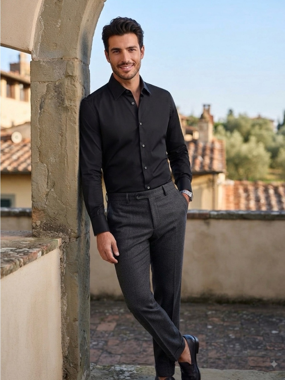 Versace Collection Black Men's Long-Sleeve Dress Shirt with Point Collar